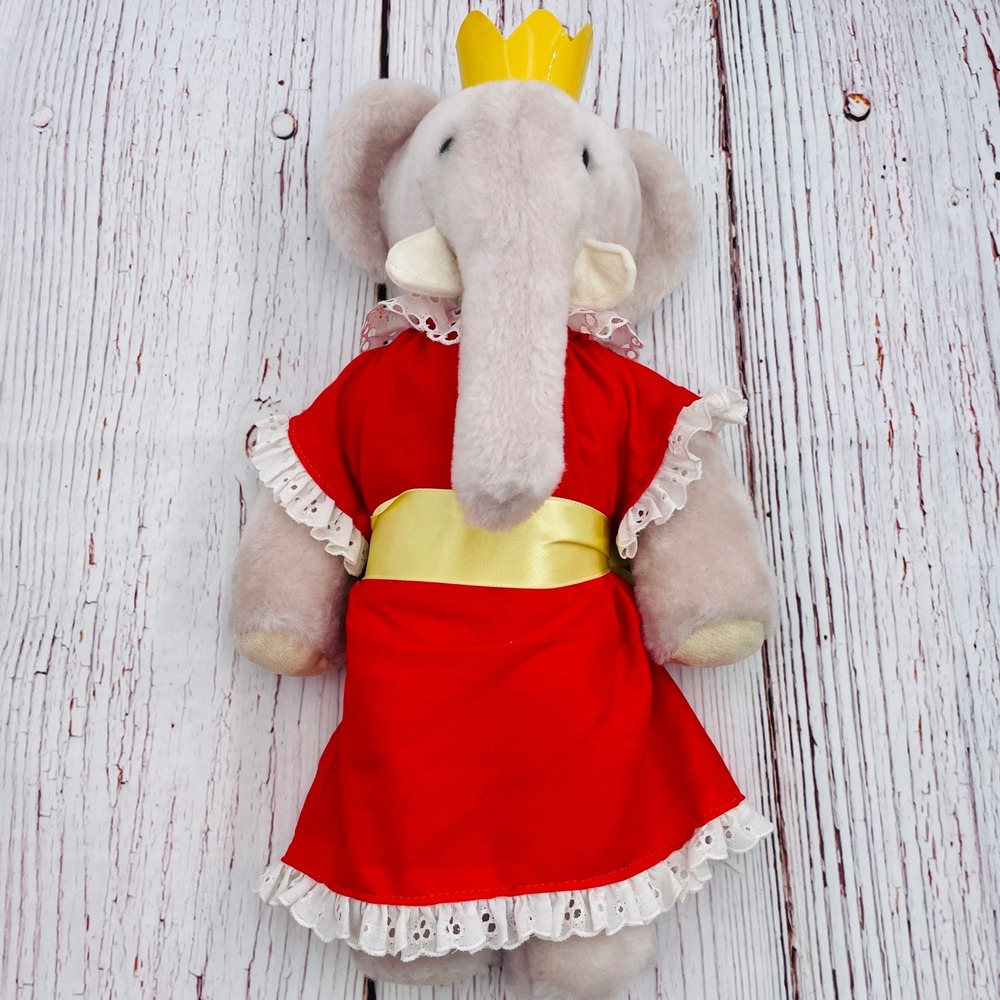 Vintage 1977 Eden Babar Queen Celeste Elephant Plush Red Dress Lace Crown 14"